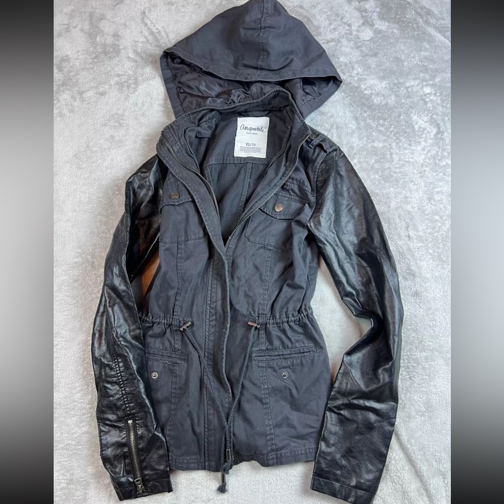 Aeropostale Womens Faux Leather Cotton Hooded Winter Jacket Zip Regular Size XS